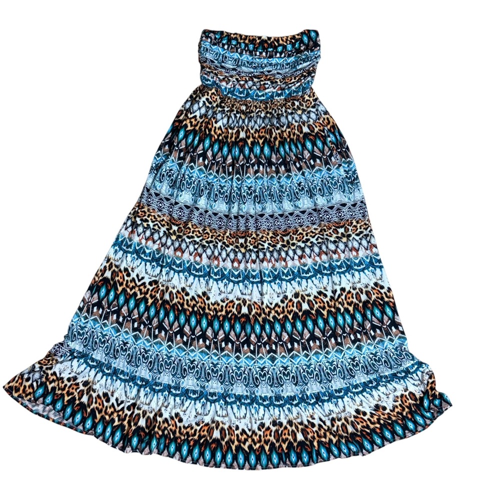 V Cristina Womens Strapless Maxi Dress Leopard Geometric Tribal Print Smocked M